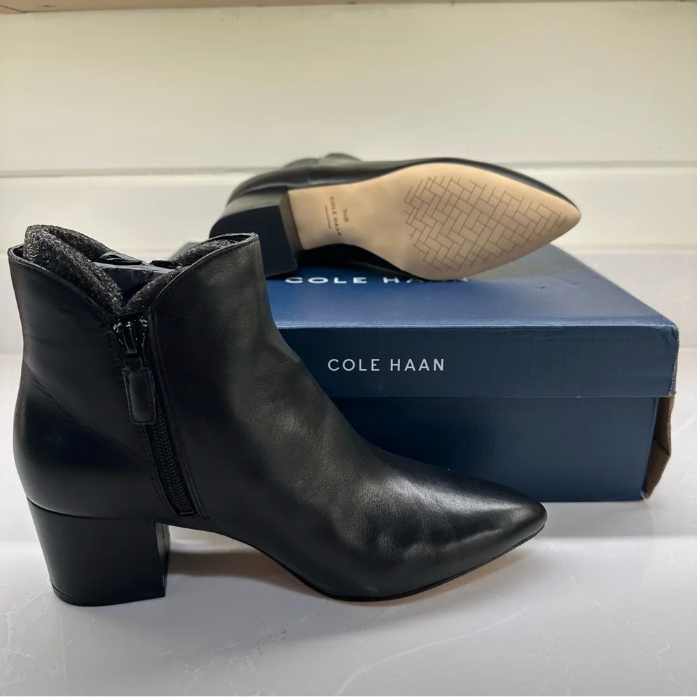 NWT || NIB: Cole Haan Elyse Black Ankle Leather Boots with Side Zip. Size: 9.5 B